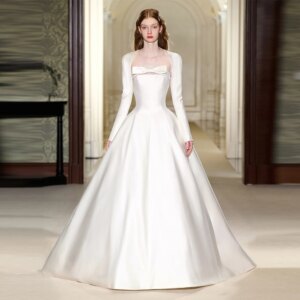 Customized Long Sleeves Winter Satin Wedding Dresses For Women Classic Sweep Train A Line Elegant Bridal Gown Robe De Mariée