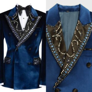 Modern Crystal Velvet Men’s Suit Coat Notched Lapel Tuxedos Double Breasted Groom Wear Business Party Only Blazer Customized