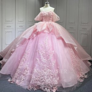 Pink Princess Quinceanera Dresses Off Shoulder Applique Lace Beads Tull Sweet 16 Dress Ball Gown Vestidos 15 Anos