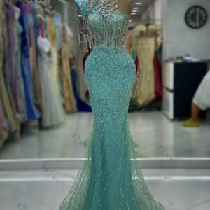 Elegant Mermaid Formal Evening Dress Crystal Tassel Bright Green Arabic Pageant Gown Long Prom Dress robes de soirée Charming