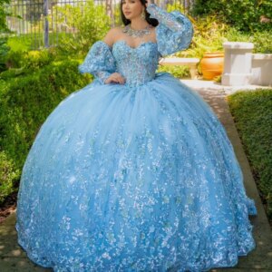 2025 Sky Blue Sparkly Crystal Appliques Puff Sleeve Quinceanera Dresses Ball Gown Off The Shoulder Beading Sweet 16 Vestidos De
