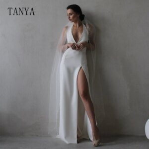 Sexy Deep V Neck Wedding Dress Sleeveless Backless Mermaid Bridal Party Dress High Side Split Sweep Train Bridal Gown TSWD378