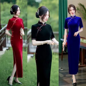 Solid Color Velvet Long Side Eight Cheongsam Qi Pao Spring and Autumn New Summer Fashion Improvement Middle-Aged Elderly Women