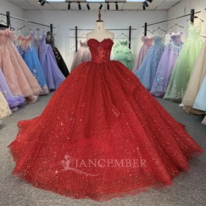Shiny Quinceanera Dresses Ball Gown Strapless Red Customized Lace Flower Corset Vestidos 15 De Para vestidos de 15 quinceañeras