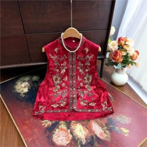 New satin heavy embroidery sleeveless small vest national style quality standing collar short waistcoat