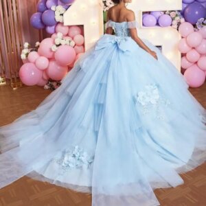 Customized Shiny sky blue Off Shoulder Quinceanera Dress applique 3D flower Tull Lace layering vestidos de 15 Quinceanera 
