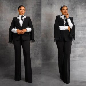 Elegant Black Women Suit Outfits 2 Pieces Set Luxury One Button Lace Jacket Flare Pants Customized Office Lady Formal Dresses