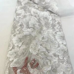 White Lace Fabric 2025 High Quality Luxury Laces On Sale 5 Yards Beaded Lace Fabric Embroidery Sequins Lace For Wedding A1049-1