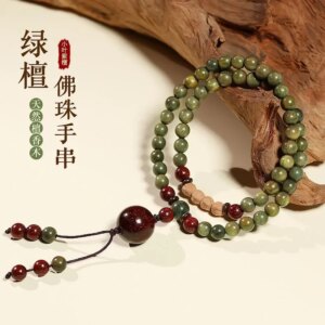 Hundred FragrantSeed Wooden Buddha Prayer Bead Style Green Sandalwood with Small Leaf PurpleSandalwood Pendant Art Play Bracelet