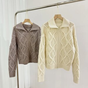 Autumn Winter B*C Hollow Out Cardigan Turn-down Collar Long Sleeve Loose Female Knitted Sweater