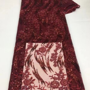 Luxury Wine Beaded Lace Fabric Elegant African Lace Fabric 5 Yards High Quality 2025 Fashion Sequin Fabric Womens Dresses A843-1