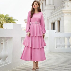 Charming Pink Evening Dresses Arabic 2024 Long Sleeve Prom Party Gowns Ankle Length Wedding Guest Dresses Tier Skirt Bow Belt
