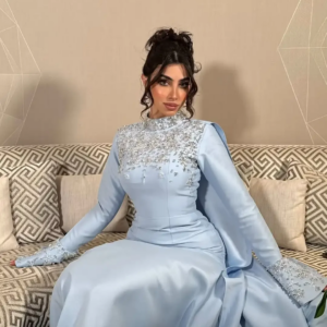 High Neck Sky Blue Prom Dresses Long Sleeves Cape customized Formal Evening Dresses Ankle-Length Arabia Party Gowns