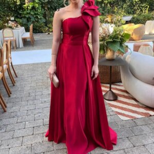 Elagant Long Red One Shoulder Satin Prom Dresses Sleeveless A Line Floor Length Выпускные платья for Women