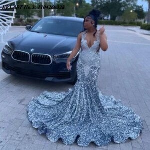 EVLAST Customized Sexy Silver Sequins Mermaid Prom Dress For Black Girls Crystal Beaded African Formal Evening Party Gown E3P169