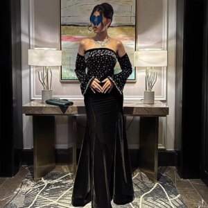 Customized High quality Fashion Retro Fashion Velour Ruched Rhinestone Beading Trumpet Strapless Long Dresses Evening Dresses