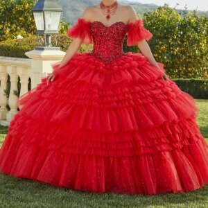 AQ247 Customized Red Women Party Dresses Sweetheart Beads Ruffle Ball Gown Prom Dancing Wear 2025 vestidos de 15 quinceañera