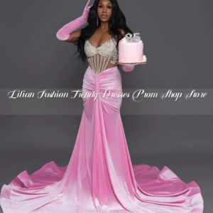 Pink Velvet Lace Prom Dress Elegant Diamonds See Through Corset Black Girls Birthday Party Queen sukienki na studniówkę Custom