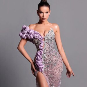 DMDRS One-shoulder Evening Dress Elegant Crystal Beaded Party Gown Sexy High-slit A-line Floor-Length Party Dress فساتين سهرة