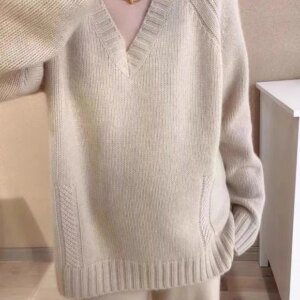 100% Pure Cashmere Sweater, Women’s V-Neck New Autumn/Winter High-End Loose and Lazy European Fashion Swe