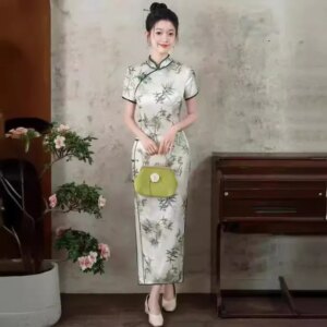 Quality Real Silk Cheongsam Qipao Summer Women’s Retro Improved Dress Temperament Long Chinese Dress