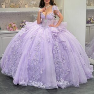 Lilac Princess Quinceanera Dresses Off Shoulder Applique Lace Beading Crystal Tull Sweet 16 Dress Ball Gown Vestidos 15 De Anos