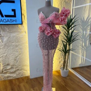 Pink Handmade Flower Party Dress For Weddings Customized Aso Ebi Beaded Crystals Luxurious Prom Dresses 2025 Arabic Evening Gown