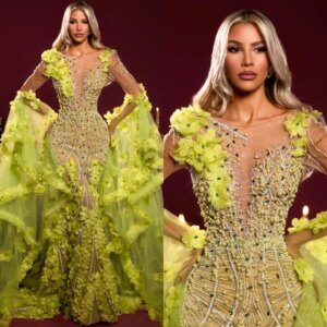 Exquisite Evening Dresses Pearls 3D Flowers Prom Dress Beading Rhinestone Illusion Mermaid Party Gowns Vestidos De Noche