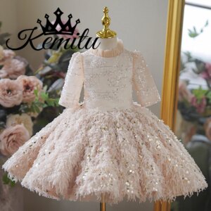 Champagne Lace Flower Girl Dresses with Sequined Feather Wedding Party Gowns for Babyفسا