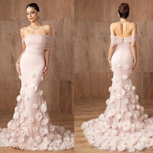 L490 Customized Pink off the shoulder With Flowers Mermaid  فساتين السهرة vestidos de fiesta  فساتين سهره evening dre