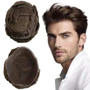 Mongolian Virgin Human Hair Replacement 32mm Wave 5# Brown Color 8×10 Toupee Full Swiss Lace Unit for Men