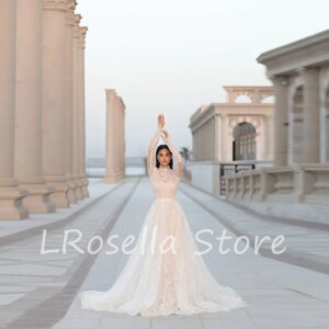 LRosella Wedding Dress Lace O-Neck Sexy A-Line Long Sleeve Pleated Floor-Length Elegant Exquisite Morden style Luxury فساتي2024