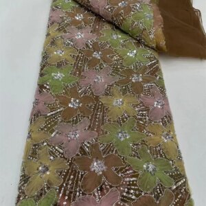 Fashion Brown African Lace Fabric Sequins Tulle Beaded Embroidery Lace For Wedding Bridal Fabrics High Quality Lace DresseA447-1