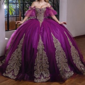 Purple Shiny Ball Gown Off The Shoulder Sweet 16 Year Quinceanera Dresses Birthday Party Dress Gold Applique Lace Beads Crystal