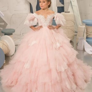 Appliques Ruffles Tiered Princess Girl Kids Birthday Ball Gown First Holy Communion Gowns Pink Flower Girl Dresses for Wedding