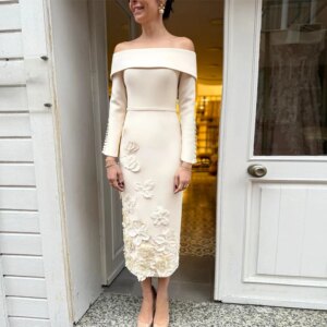 Customized Classic Simple High quality Jersey Applique Button Sash Straight Boat Neck Midi Dresses Prom Dresses Elegant