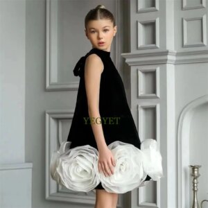 CustomizedElegant Arabic White Black Girl Dress Handmade Flowers Dubai Baby Kids Princess Birthday Wedding Party Gown