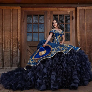 Blue Charro Quinceanera Dresses Ball Gown Off The Shoulder Organza Appliques Beaded Mexican Sweet 16 Dresses 15 Anos Customized