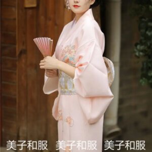 Kimono Women’s Formal Dress Traditional Retro Zephyr Pink Gentle Improved Japanese Outdoor Scenery God Girl Photo Clothing