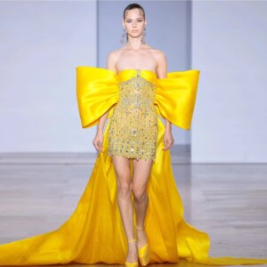 Yellow Beading Evening Dresses Customized High Low Red Carpet Runway Dress Big Bow Celebrity Gowns Couture Crystals Dress