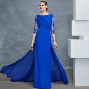 Fashion Royal Blue O Neck Chiffon Floor Length Mother Of The Bride Dresses For Weddings Formal Party Evening Dress