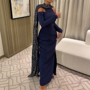 Customized Exquisite Crystal Off The Shoulder Jersey Evening Dress Sparkly Crew Neck Long Sleeves Straight Vestido De