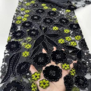 New African Fabric Black African Velvet Lace Fabric Luxury Beaded African Lace Fabric Embroidered Lace Fabric For Brides W473-1