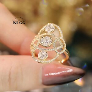 KUGG 100% 18K White or Yellow Gold Rings Luxury Shiny Design 1.0carat Real Natural Diamond Ring for Women High Party Jewelry