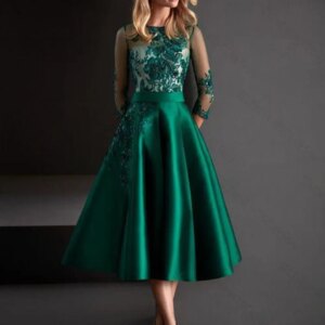 Emerald Green Elegant Prom Dresses O-Neck Long Sleeves Lace Appliques Tea-Length Soft Satin Evening Party Gown Robes De Soirée