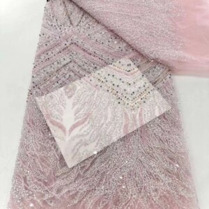 Pink African Heavy Beaded Lace Fabric 2024 High Quality Nigerian Luxury Sequin Lace French Tulle Fabric For Wedding Party Dress