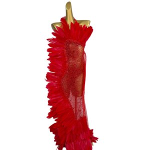 Shining Red Rhinestone Feather Long Skirt Sexy Mesh Sleeveless Dress Singer Host Girl Group Stage Performance Costume kaiping