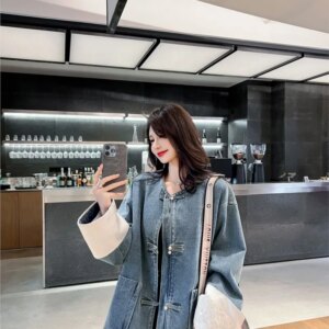 New Chinese style cowboy coat women’s medium long fashion loose round neck disc top
