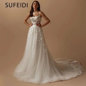 Sparkly Square Neck Wedding Dress Customized Romantic A-line Dress For Bride Backless Floor-length Bridal Gown Vestido De Novia
