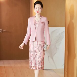 Pink Shiny Sequin Mother Of The Bride Dresses With Jacket Long Sleeve Women Formal Occasion Gowns